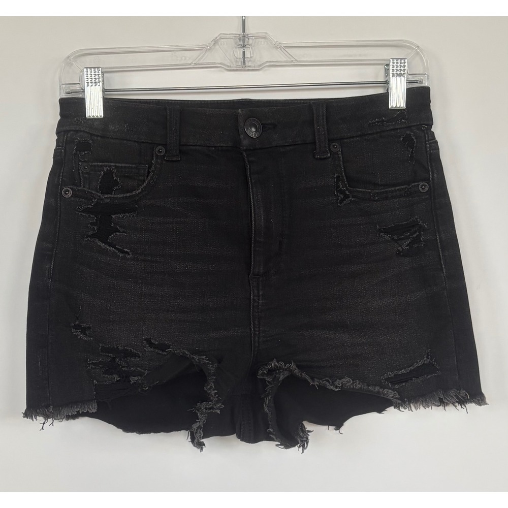 American Eagle Next Level Stretch Distressed Black Denim Shorts Womens Size 4